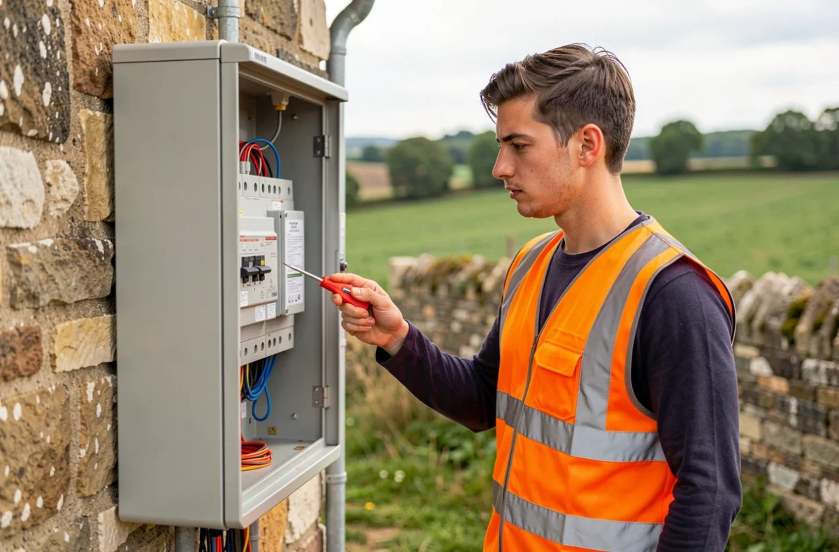Électricien RM.Elec vérifiant un coffret électrique extérieur dans un cadre rural de l'Allier