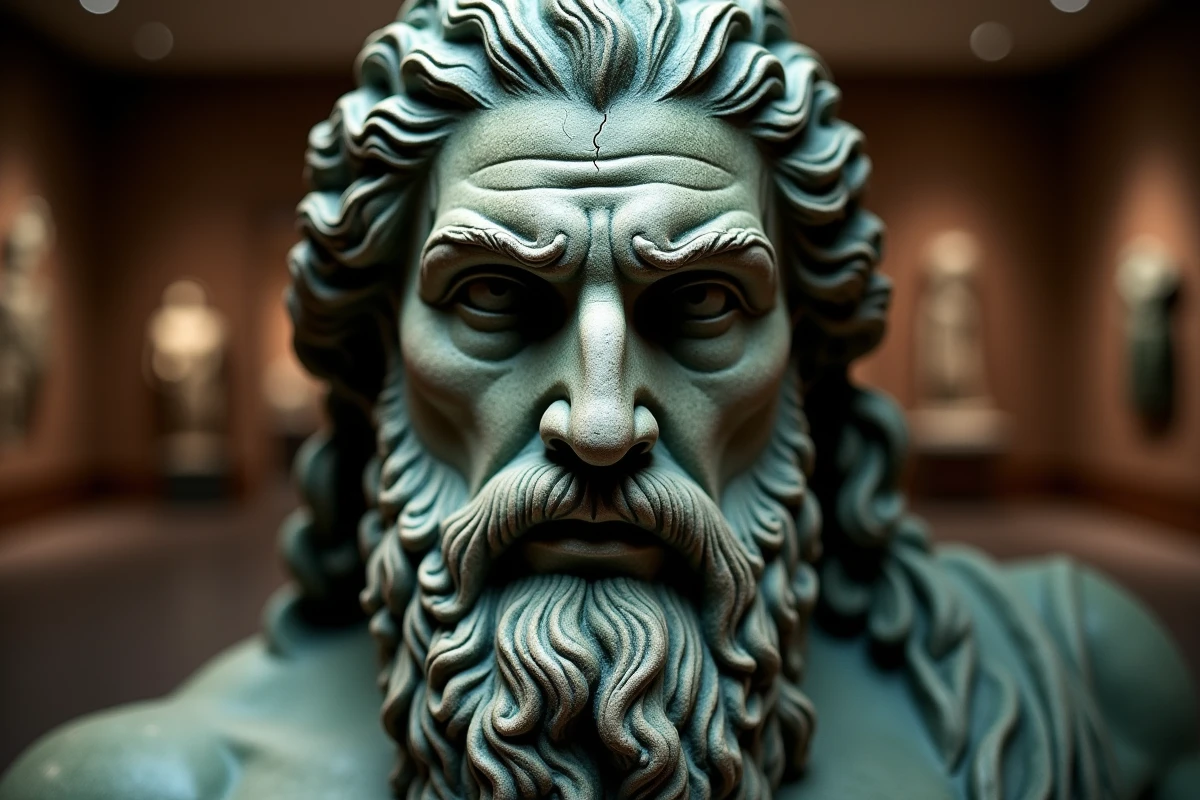 Gros plan sur une sculpture en marbre ancienne de Poséidon aux traits sévères et recouverts d'algues, évoquant la face sombre du dieu grec de la mer