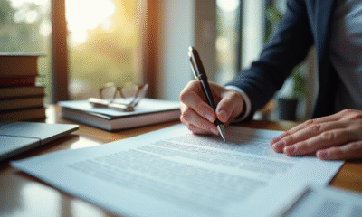 Professionnel signant un document juridique dans un bureau moderne