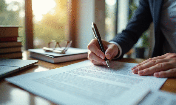 Professionnel signant un document juridique dans un bureau moderne