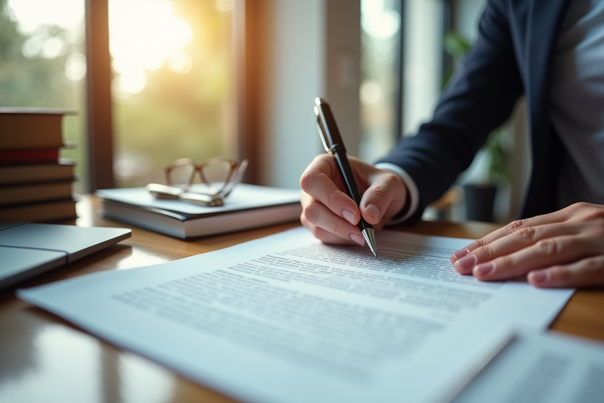 Professionnel signant un document juridique dans un bureau moderne