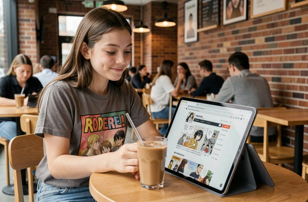 Adolescente lisant un manga gratuit sur tablette dans un café urbain moderne