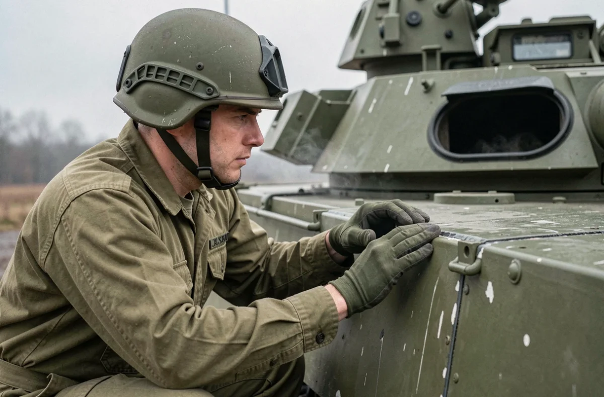 Soldat de l'armée américaine inspectant le tourelle d'un char M1A1 Abrams sur une base militaire européenne