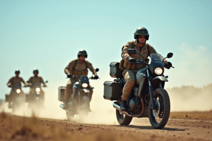 Groupe de soldats français à moto dans un champ d entraînement