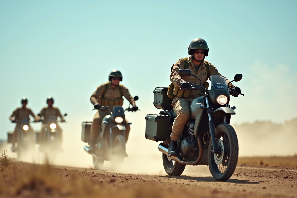 Groupe de soldats français à moto dans un champ d entraînement