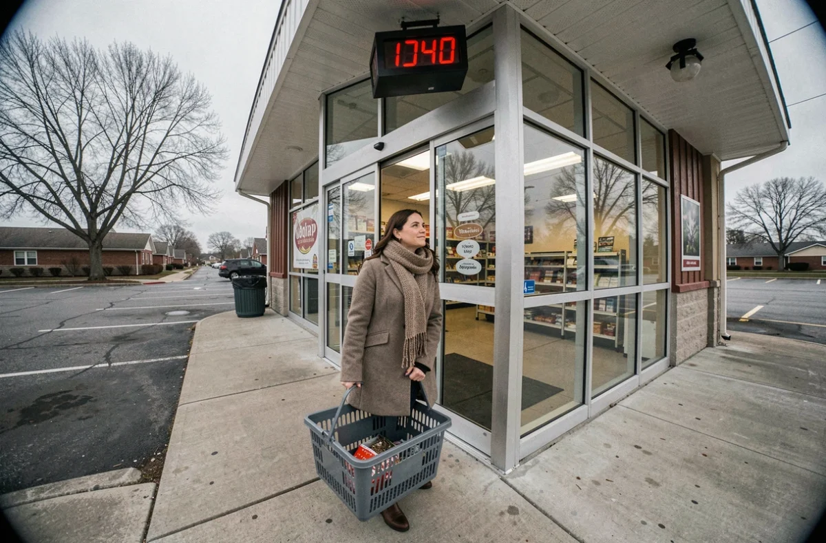 Femme entrant dans un supermarché ouvert le 1er janvier avec son panier de courses