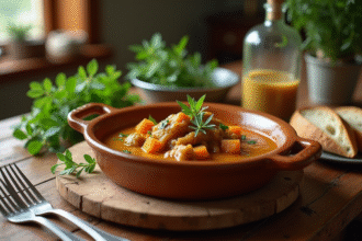 Table rustique de ferme avec plat de civet de lapin à la moutarde