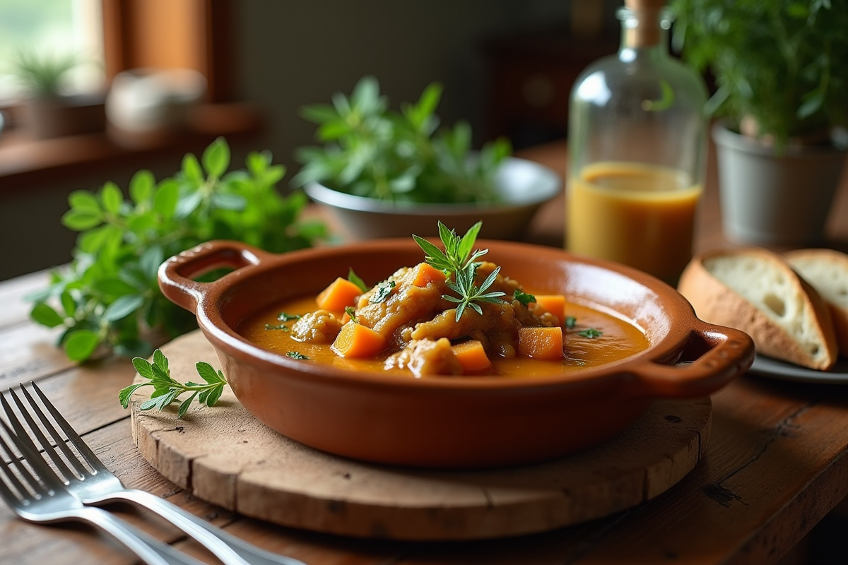 Table rustique de ferme avec plat de civet de lapin à la moutarde