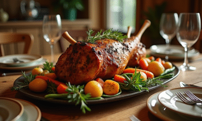 Table rustique avec gigot d'agneau rôti et légumes