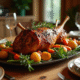 Table rustique avec gigot d'agneau rôti et légumes