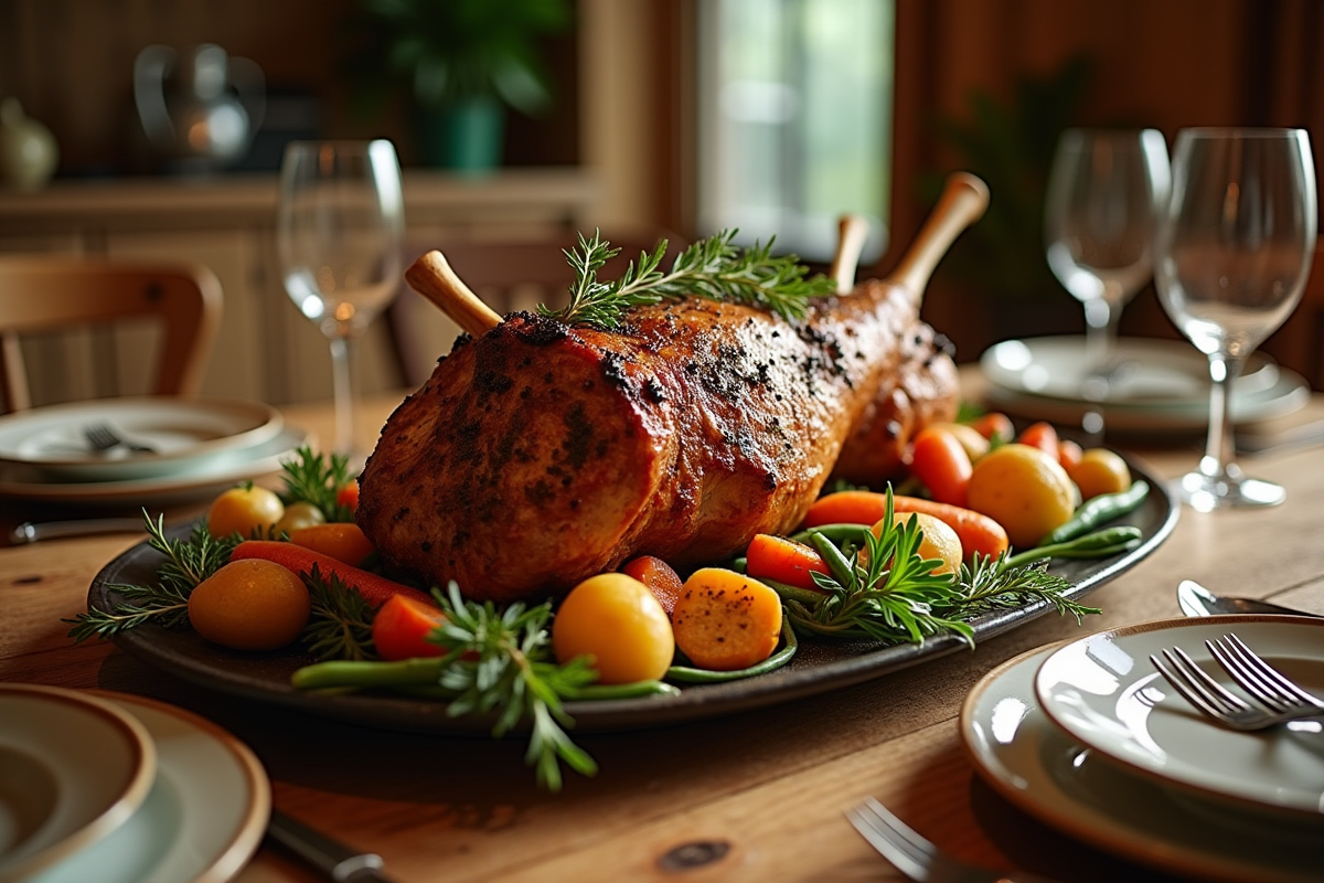 Table rustique avec gigot d'agneau rôti et légumes