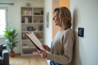 Femme moyenne âge vérifiant un thermostat digital dans un appartement moderne