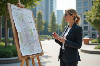 Urbaniste femme expliquant un plan de zonage en extérieur