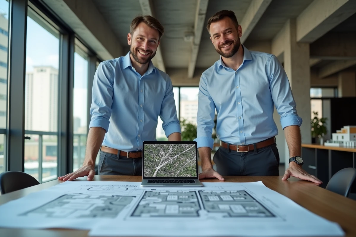 Deux urbanistes professionnels analysant des cartes de parcelles foncières avec des conversions d'hectares dans un bureau moderne