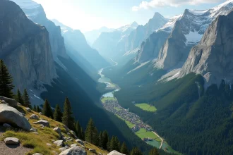 Panorama d'une vallée alpine française avec massifs montagneux, forêts et village traditionnel vu depuis une crête