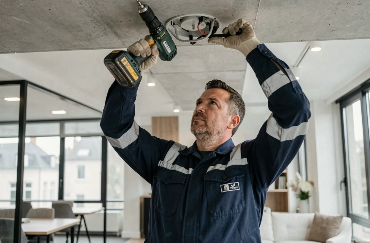 Électricien VAS montant un équipement électrique au plafond d'un espace commercial moderne en France