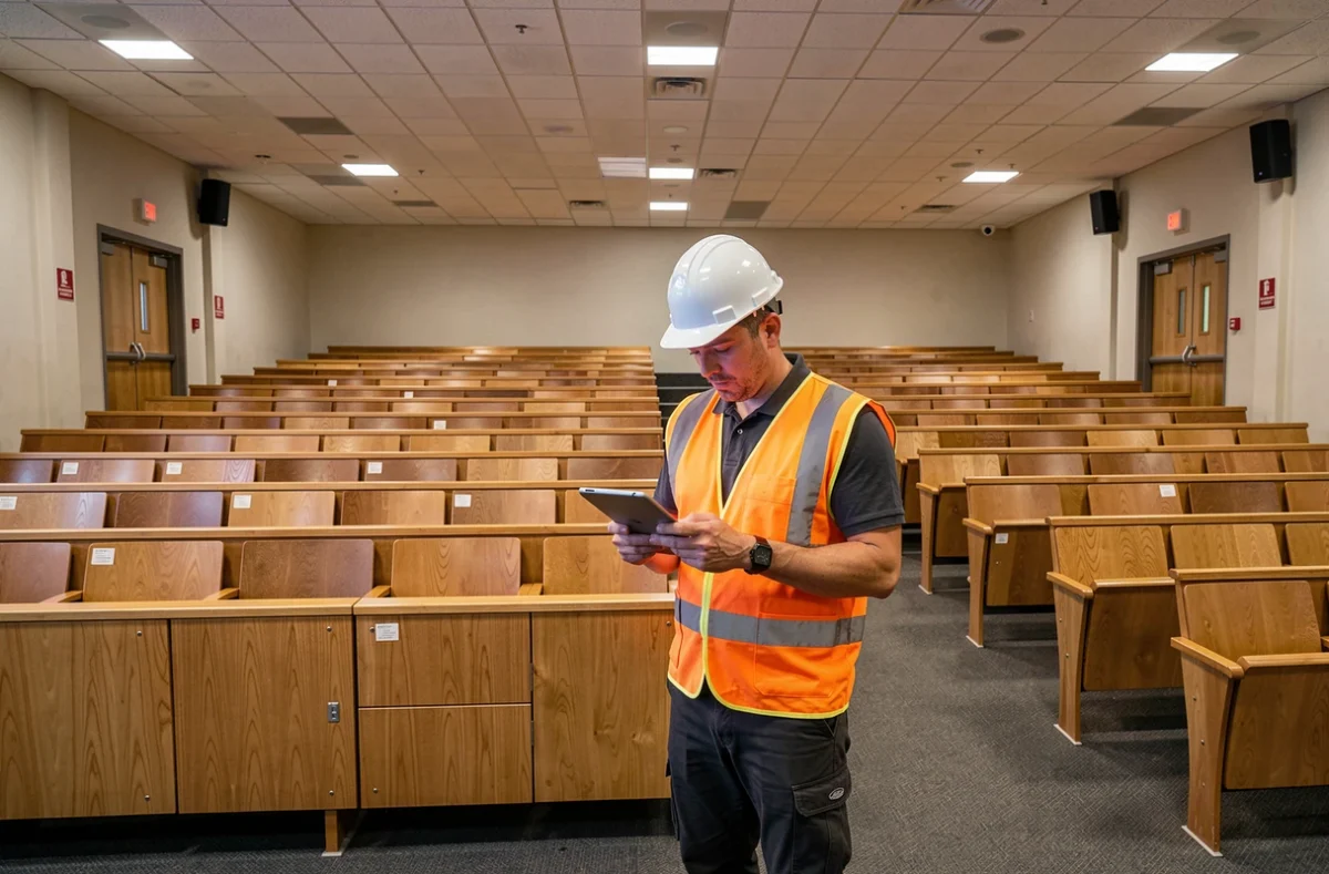 Responsable sécurité vérifiant la capacité d'accueil d'une salle de cours dans un ERP