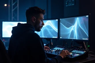 Visual jockey concentré derrière sa console de mixage vidéo lors d'un événement de scénographie et VJing