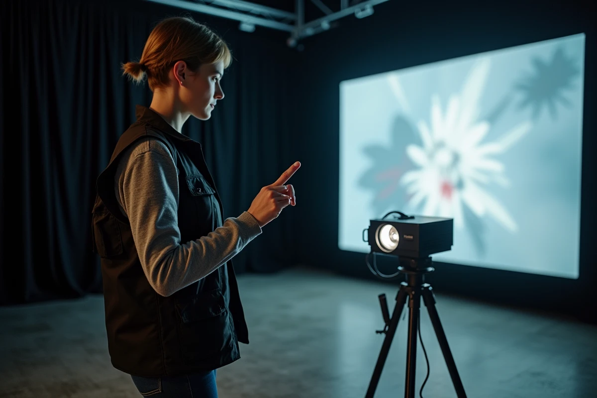VJeuse configurant un système de projection vidéo dans un théâtre noir lors d'une préparation de scénographie