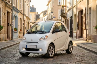 Voiturette électrique blanche garée dans une rue de ville
