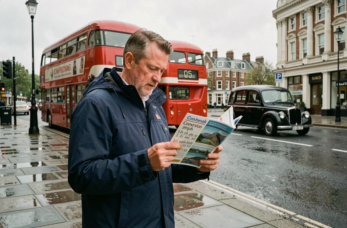 Voyageur consultant une fiche de conversion mph kilomètres heure dans une rue de Londres avec bus rouge en fond